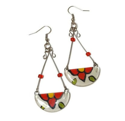 Long colorful handmade recycled fused glass earrings. White with a red flower! Frida Colors, Chandelier drop dangle earrings