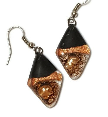 Fused glass Dangle Earrings. Black, copper and Brown Diamond Shaped Earrings. Recycled Glass Drop Earrings, long earrings.