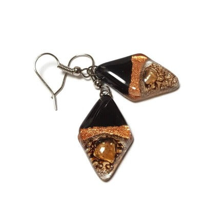 Fused glass Dangle Earrings. Black, copper and Brown Diamond Shaped Earrings. Recycled Glass Drop Earrings, long earrings.
