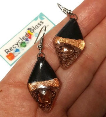 Fused glass Dangle Earrings. Black, copper and Brown Diamond Shaped Earrings. Recycled Glass Drop Earrings, long earrings. Gift under 20