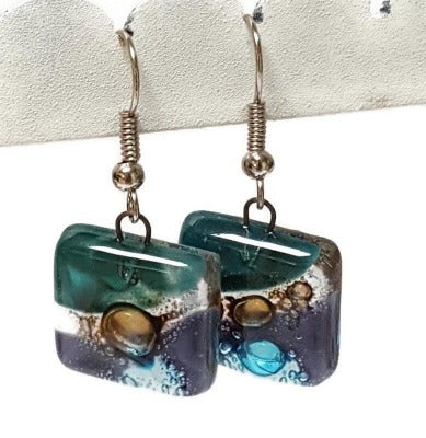 Purple, Brown, Teal and turquoise Square fused glass dangle earrings. Handmade recycled Glass beads. Drop Earrings