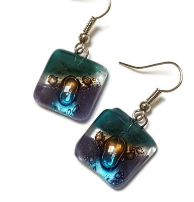 Purple, Brown, Teal and turquoise Square fused glass dangle earrings. Handmade recycled Glass beads. Drop Earrings