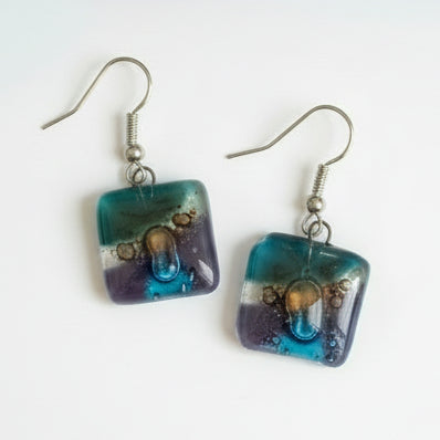 Purple, Brown, Teal and turquoise Square fused glass dangle earrings. Handmade recycled Glass beads. Drop Earrings