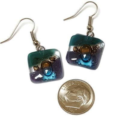 Purple, Brown, Teal and turquoise Square fused glass dangle earrings. Handmade recycled Glass beads. Drop Earrings
