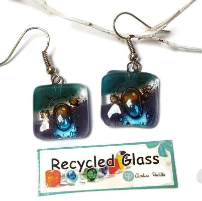 Purple, Brown, Teal and turquoise Square fused glass dangle earrings. Handmade recycled Glass beads. Drop Earrings