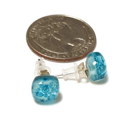 Small Post White and Turquoise Earrings. Fused Glass Studs. Recycled Glass jewelry. Stud earrings