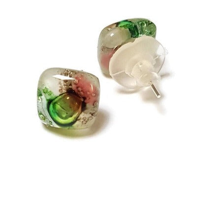 Post Earrings. Recycled glass Earrings. Green, Pink, White, Brown Earrings Studs. Fused Glass jewelry. Small earrings