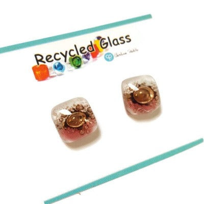 Post Earrings. Recycled glass Earrings. Pink, White and brown Earrings Studs. Fused Glass jewelry. Small earrings