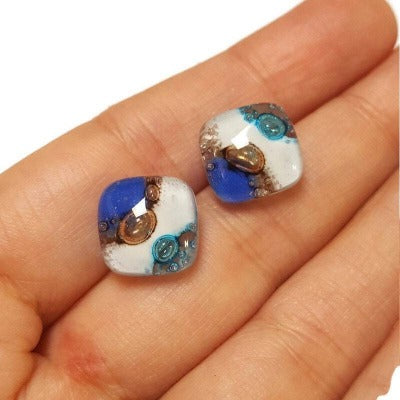 Post Earrings. Recycled glass Earrings. Blue, white,  brown e and turquoise Earrings Studs. Fused Glass jewelry. Small earrings