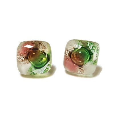 Post Earrings. Recycled glass Earrings. Green, Pink, White, Brown Earrings Studs. Fused Glass jewelry. Small earrings
