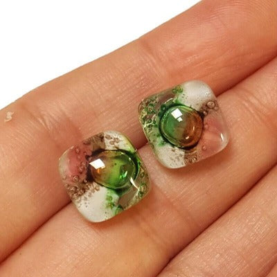 Post Earrings. Recycled glass Earrings. Green, Pink, White, Brown Earrings Studs. Fused Glass jewelry. Small earrings