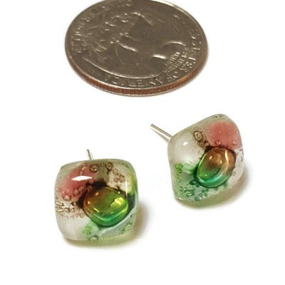 Post Earrings. Recycled glass Earrings. Green, Pink, White, Brown Earrings Studs. Fused Glass jewelry. Small earrings