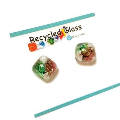 Post Earrings. Recycled glass Earrings. Green, Pink, White, Brown Earrings Studs. Fused Glass jewelry. Small earrings