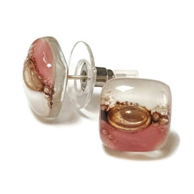 Post Earrings. Recycled glass Earrings. Pink, White and brown Earrings Studs. Fused Glass jewelry. Small earrings