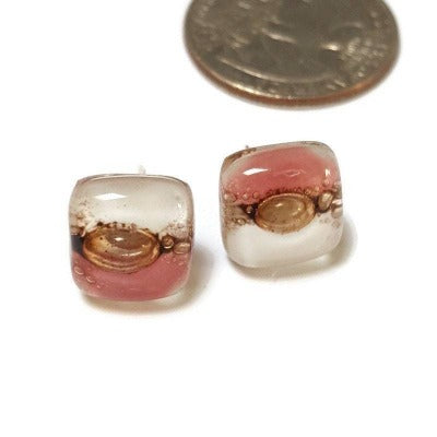 Post Earrings. Recycled glass Earrings. Pink, White and brown Earrings Studs. Fused Glass jewelry. Small earrings