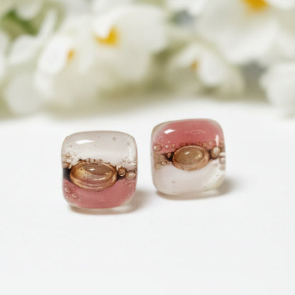 Post Earrings. Recycled glass Earrings. Pink, White and brown Earrings Studs. Fused Glass jewelry. Small earrings