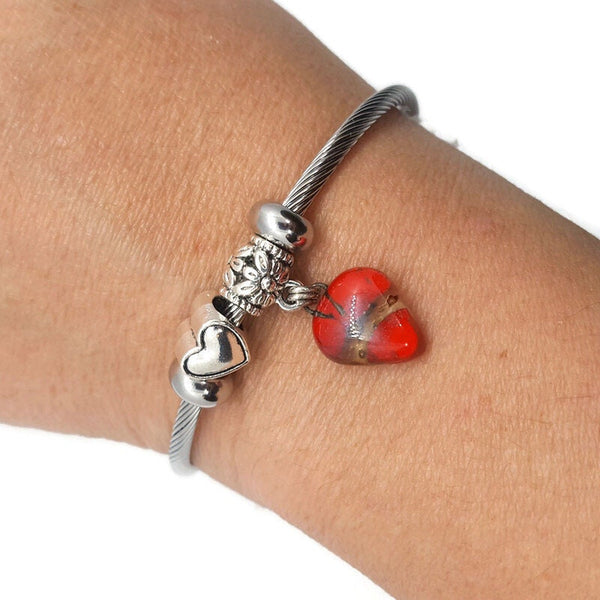 Red heart Stainless Steel Expandable Bracelet Glass Charm Bead. Easy to put on stretch memory wire. One size fits most
