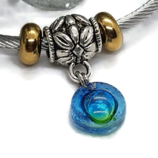 BLUE GREEN Bangle Twisted Stainless Steel Bracelet Glass Charm Bead. Easy to put on adjustable stretch memory wire. One size fits most