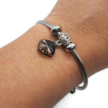 Black, Copper and Brown  Stainless Steel Bracelet Glass Charm Bead. Easy to put on adjustable stretch memory wire. One size fits most