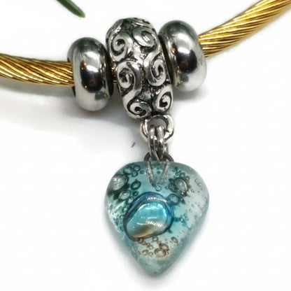 Aqua Blue Twisted Stainless Steel Bracelet Glass Charm Bead. Easy to put on expandable memory wire cuff. One size fits most