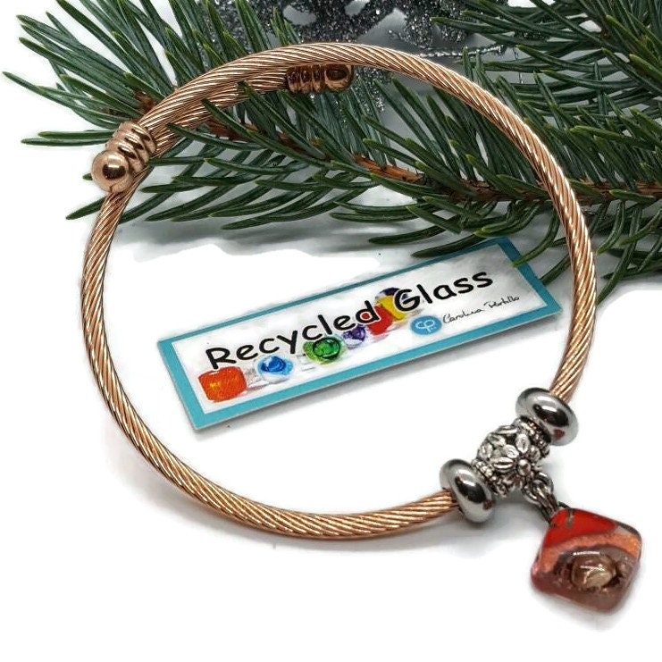 Perfect Elastic Cable Wire Bangle Twisted Stainless Steel Bracelet with Removable End Plug Twisted Cuff Recycled Glass Charm Bead.