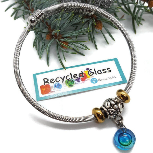 BLUE GREEN Bangle Twisted Stainless Steel Bracelet Glass Charm Bead. Easy to put on adjustable stretch memory wire. One size fits most