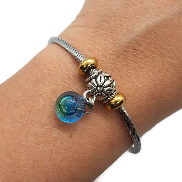 BLUE GREEN Bangle Twisted Stainless Steel Bracelet Glass Charm Bead. Easy to put on adjustable stretch memory wire. One size fits most