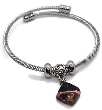 Black, Copper and Brown  Stainless Steel Bracelet Glass Charm Bead. Easy to put on adjustable stretch memory wire. One size fits most