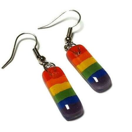 Small Rainbow Recycled Glass Earrings. Best Long drop earrings. Fused Glass Dangle Earrings. Happy colors