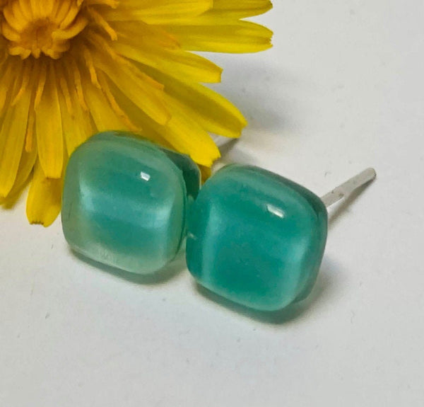 Small square post Earrings. Light teal green color. Fused Glass Studs. Recycled Glass jewelry. Stud earrings