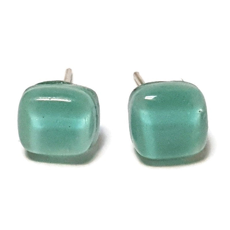 Small square post Earrings. Light teal green color. Fused Glass Studs. Recycled Glass jewelry. Stud earrings