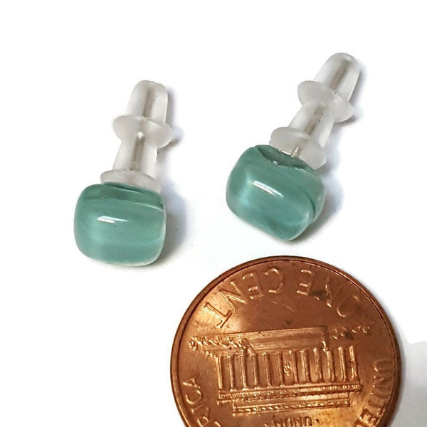 Small square post Earrings. Light teal green color. Fused Glass Studs. Recycled Glass jewelry. Stud earrings