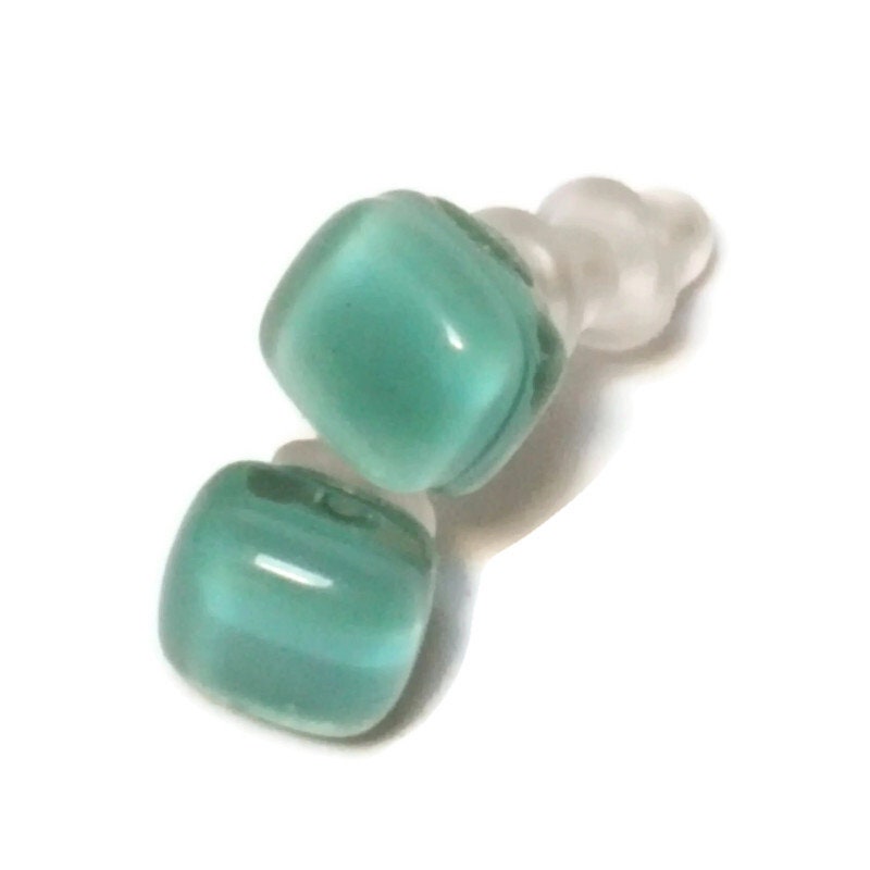 Small square post Earrings. Light teal green color. Fused Glass Studs. Recycled Glass jewelry. Stud earrings