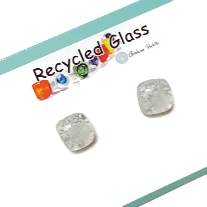 Small square post milky white color. Fused Glass Studs. Recycled Glass jewelry. Stud earrings. Fun color.