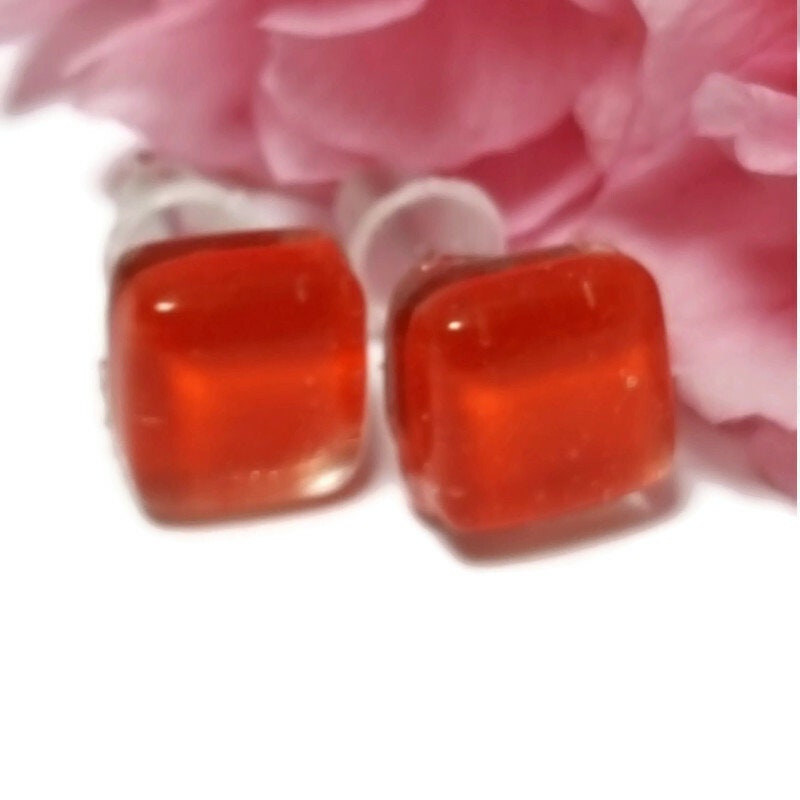 Small square post vibrant red  color. Fused Glass Studs. Recycled Glass jewelry. Stud earrings. Fun color.