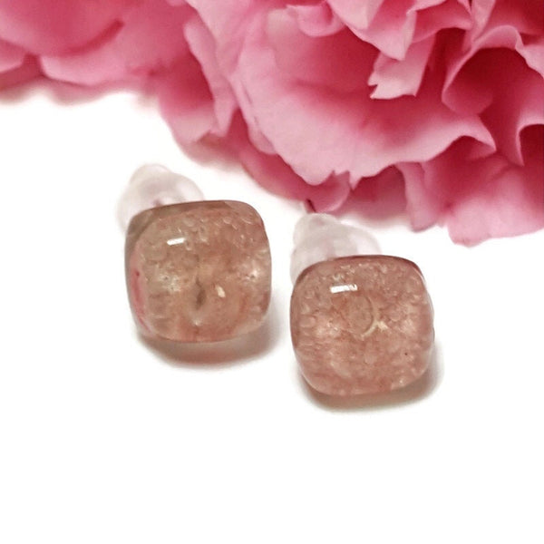 Small square post pale light pink  color. Fused Glass Studs. Recycled Glass jewelry. Stud earrings. Fun color.