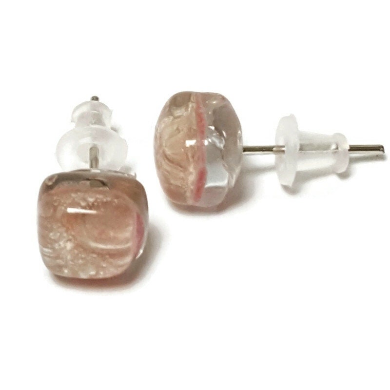 Small square post pale light pink  color. Fused Glass Studs. Recycled Glass jewelry. Stud earrings. Fun color.