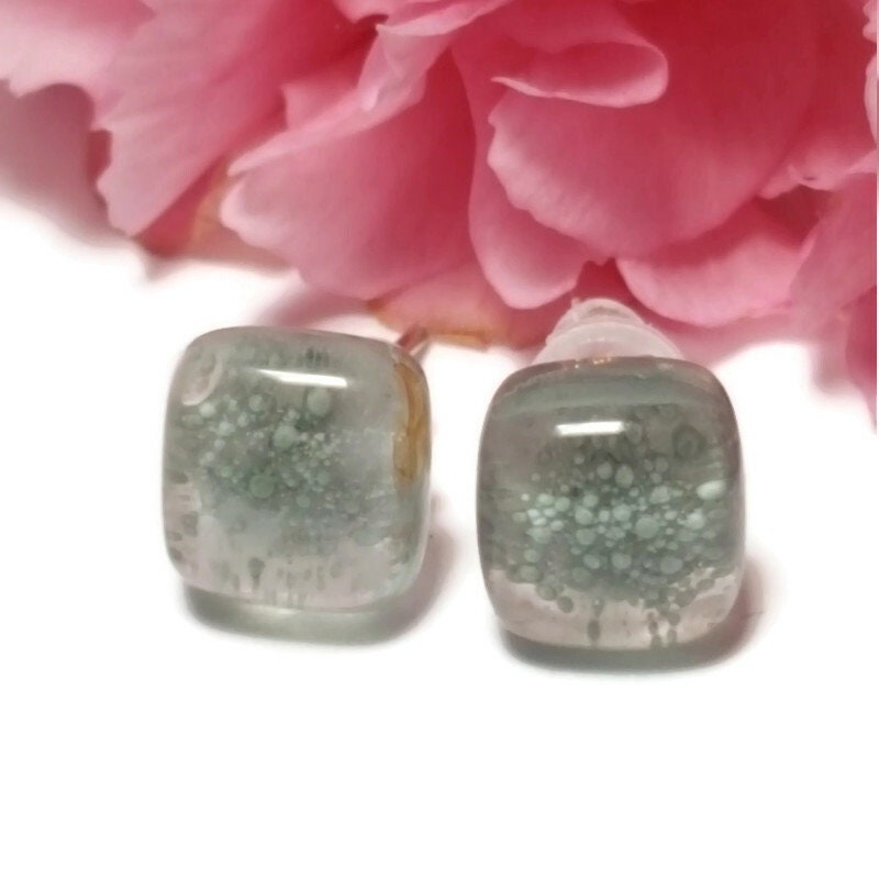 Small square post milky Gray with tiny bubblescolor. Fused Glass Studs. Recycled Glass jewelry. Stud earrings. Fun color.