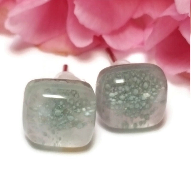 Small square post milky Gray with tiny bubblescolor. Fused Glass Studs. Recycled Glass jewelry. Stud earrings. Fun color.