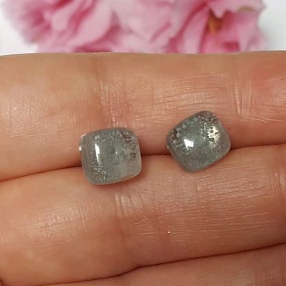 Small square post milky Gray with tiny bubblescolor. Fused Glass Studs. Recycled Glass jewelry. Stud earrings. Fun color.