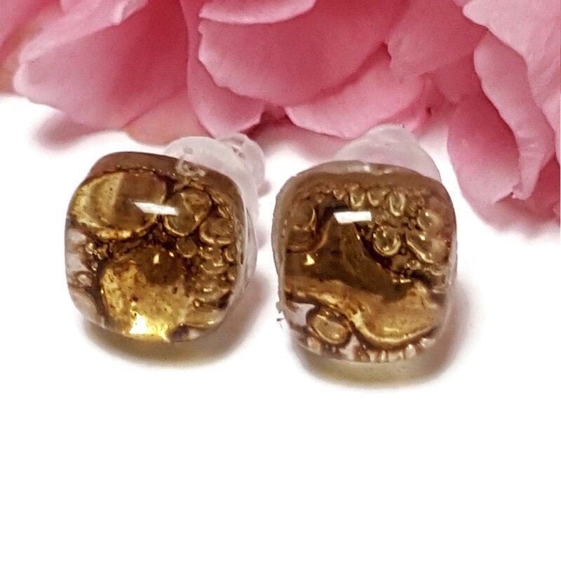 Small Post bubbly caramel brown Earrings. Fused Glass Studs. Recycled Glass jewelry. Stud earrings