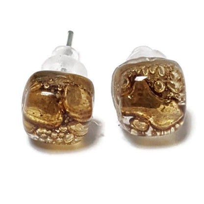 Small Post bubbly caramel brown Earrings. Fused Glass Studs. Recycled Glass jewelry. Stud earrings