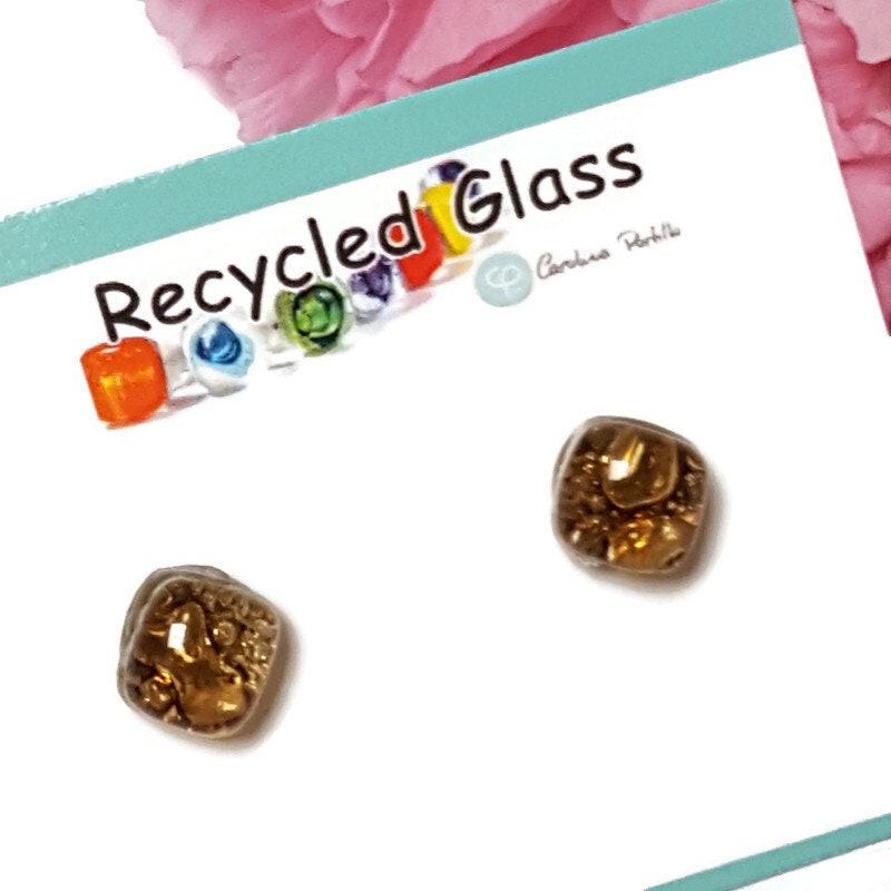 Small Post bubbly caramel brown Earrings. Fused Glass Studs. Recycled Glass jewelry. Stud earrings