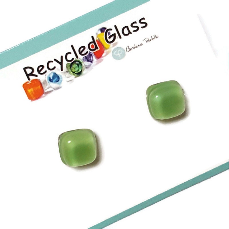 Small square post Earrings. Pastel light green color. Fused Glass Studs. Recycled Glass jewelry. Stud earrings