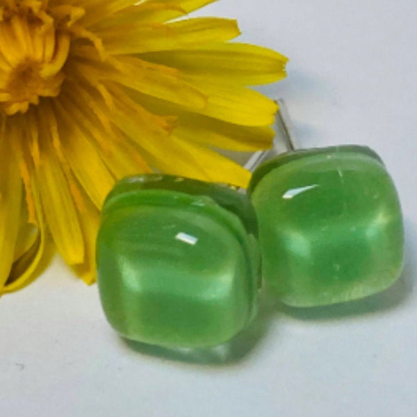 Small square post Earrings. Pastel light green color. Fused Glass Studs. Recycled Glass jewelry. Stud earrings
