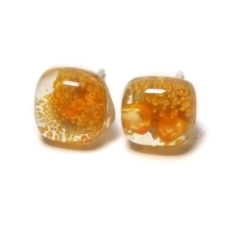 Small square post Earrings. Clear Orange color. Fused Glass Studs. Recycled Glass jewelry. Stud earrings