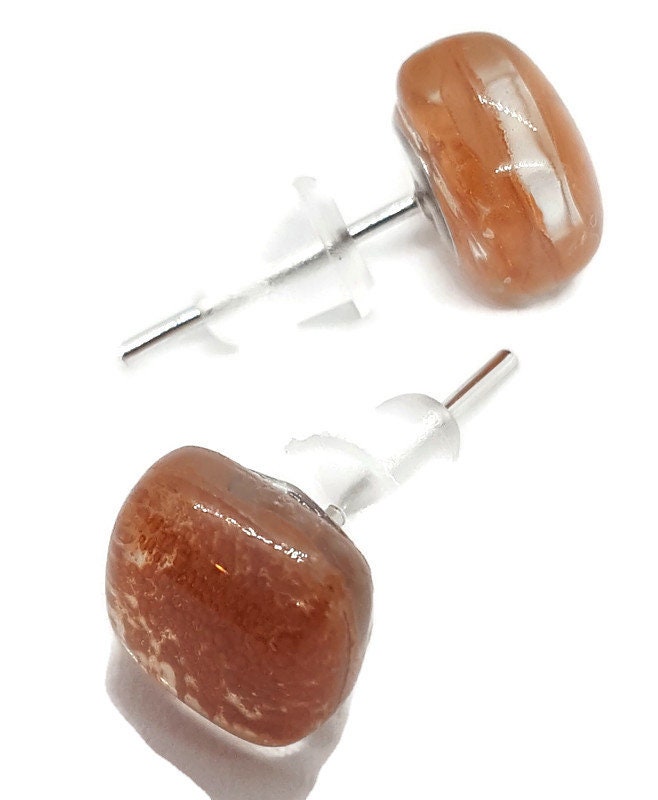 Small square post terracotta color. Fused Glass Studs. Recycled Glass jewelry. Stud earrings. Earthy color.