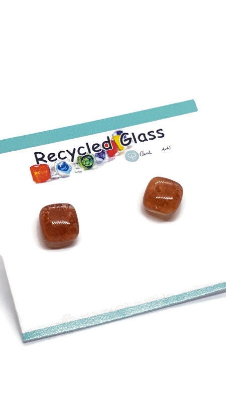 Small square post terracotta color. Fused Glass Studs. Recycled Glass jewelry. Stud earrings. Earthy color.