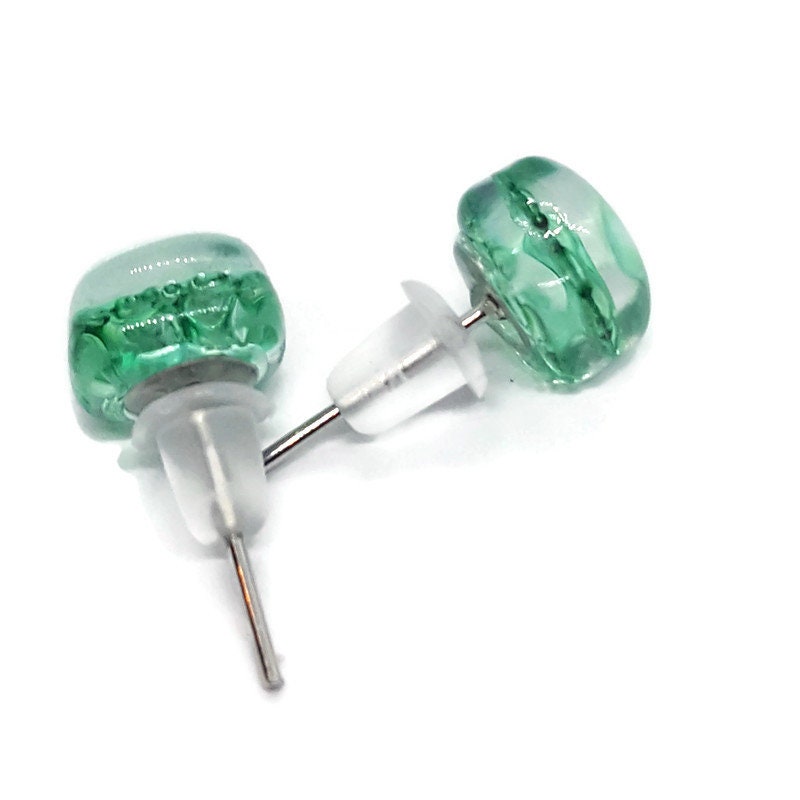 Small square post Earrings. Fun clear green color. Fused Glass Studs. Recycled Glass jewelry. Stud earrings