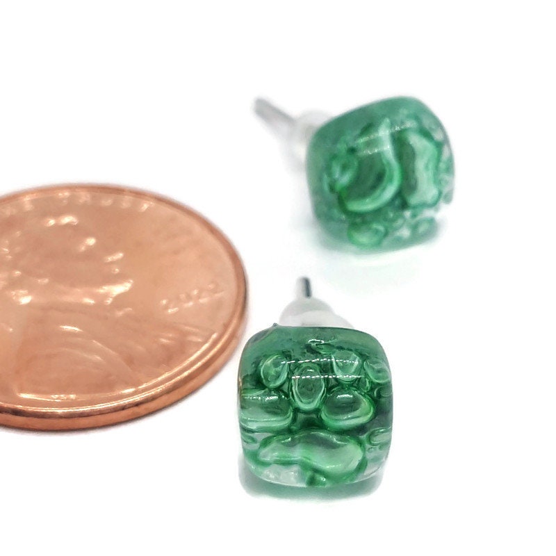 Small square post Earrings. Fun clear green color. Fused Glass Studs. Recycled Glass jewelry. Stud earrings